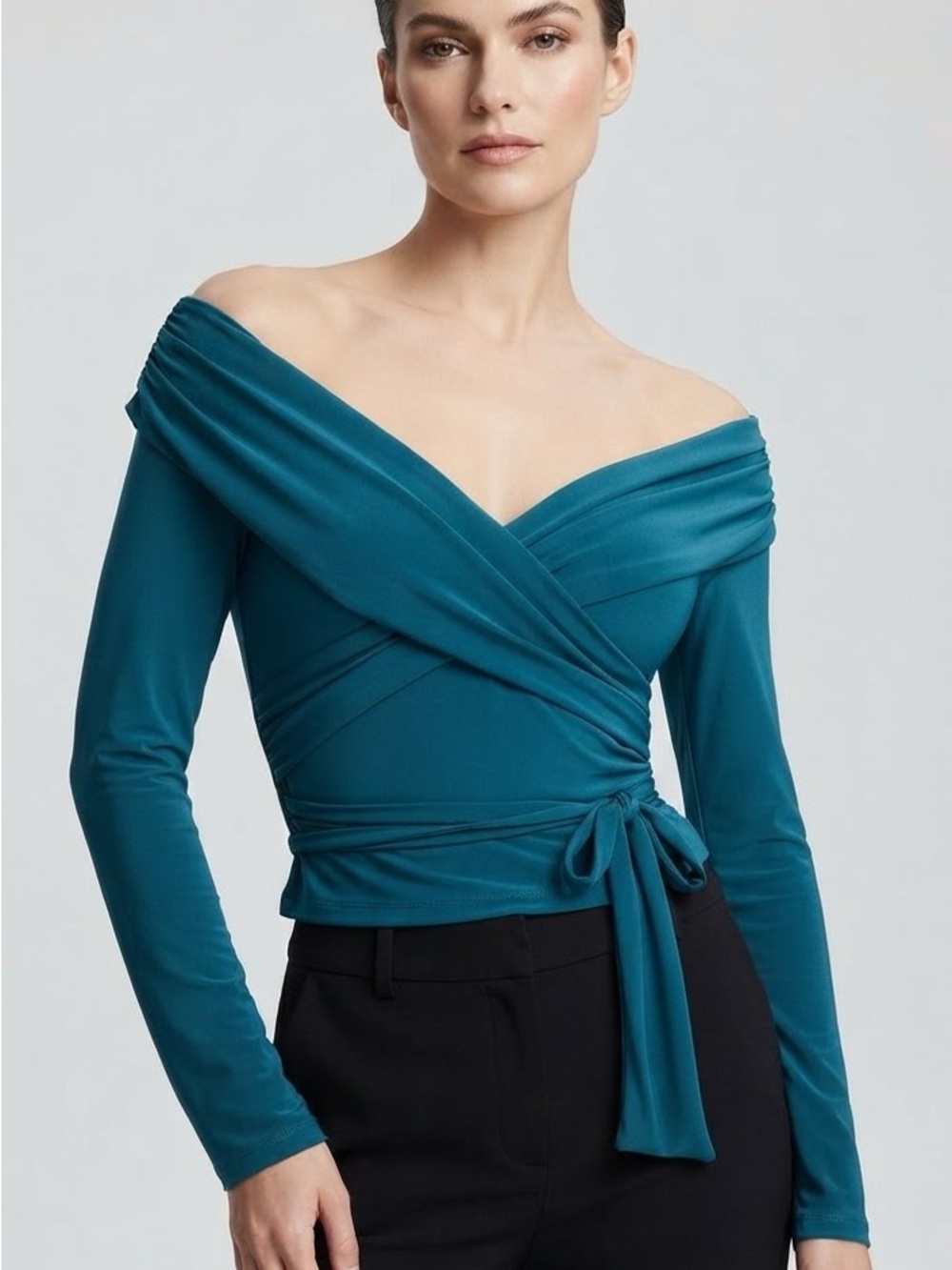 Express Teal Off Shoulder Ruched Wrap Top Long Sleeve Tie Waist Sz S